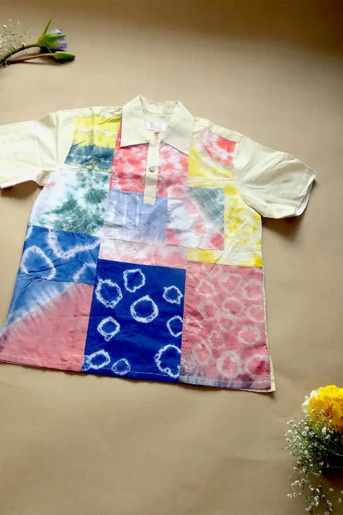 Chovgan Shirt | Cotton Men's Multicolor Tie-Dye Fabric Patchwork Polo-Shirt | Tie-Dye Polo Shirt | Size-M