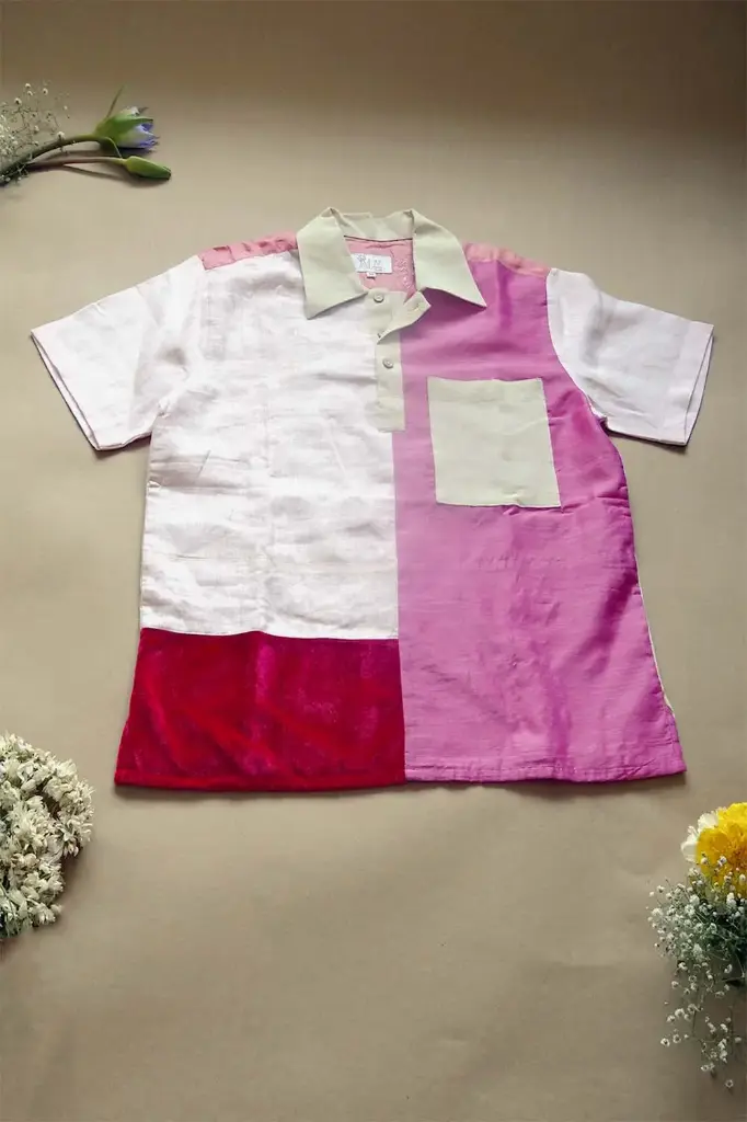 Chovgan Shirt | Men's Pink Upcycled Fabric Polo-Shirt | Pink Lagoon Shirt | Size-M (Linen)