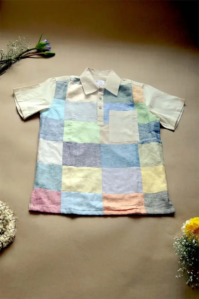 Chovgan Shirt | Patched Sky Shirt | Cotton Men's Multicolour Upcycled Fabric Polo-Shirt | Size-M