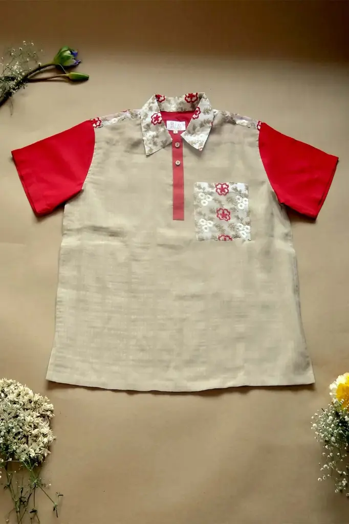 Chovgan Shirt | Flower Flame | Men's Brown & Red Upcycled Fabric Polo-Shirt | Size-L