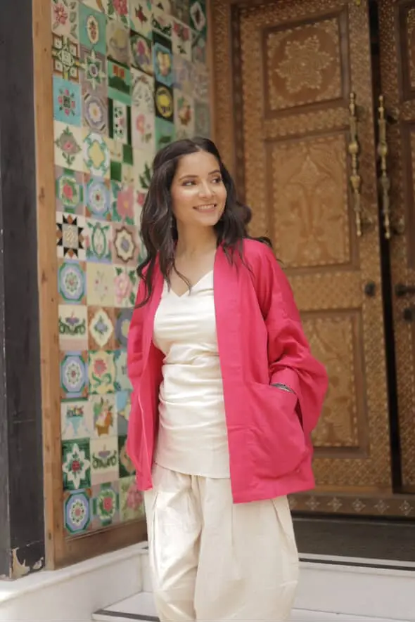 Yoru-kimono | 100% Linen Pink Kimono Jacket |  AsianInMe (XS)