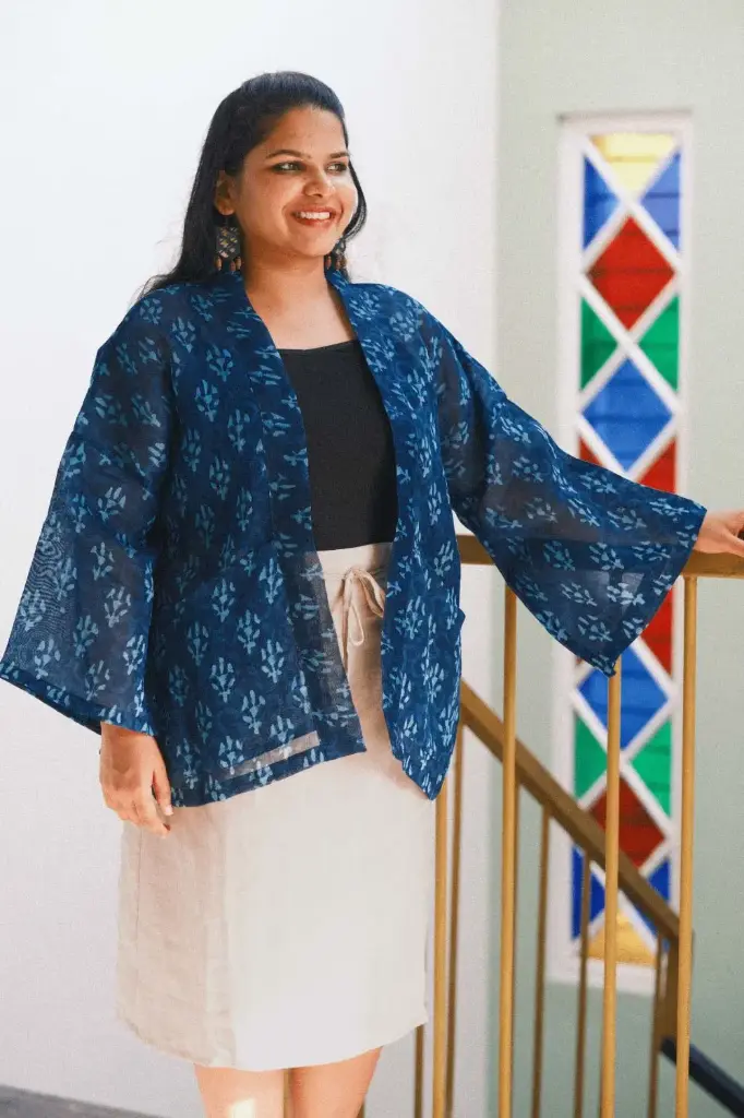 Yoru-kimono | Crafted from pre-loved handwoven saree | Unisex Blue Kimono Jacket | AsianInMe (M)