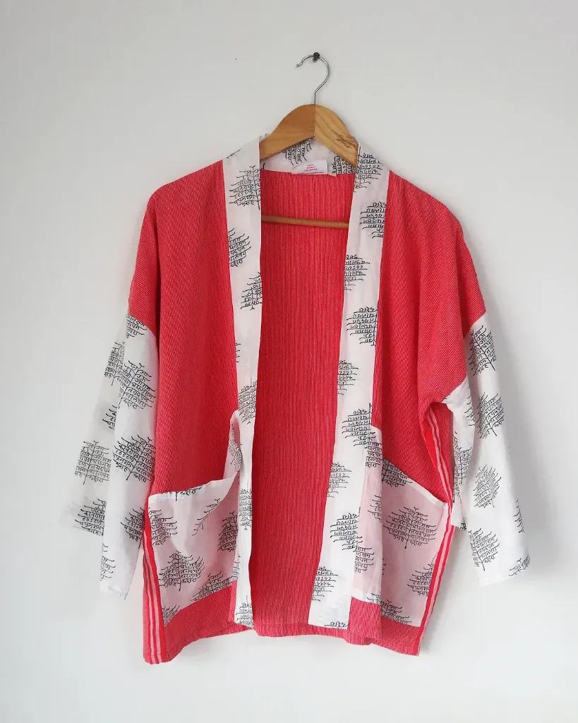 Gamcha Cotton Kimono Jacket | Block Print Japanese Fusion | Size - S