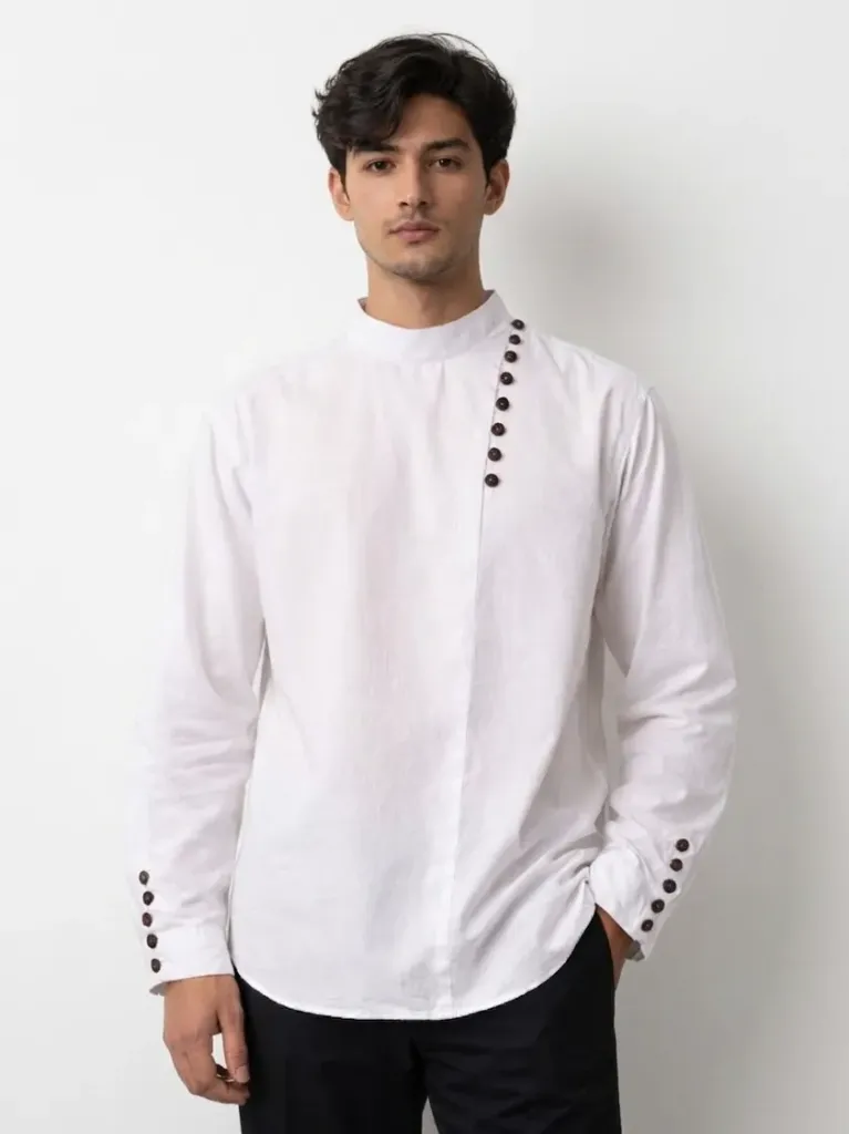 Cotton Men's White Half-buttoned Tunic Shirt | AIM Singular Shirt | Made to Order