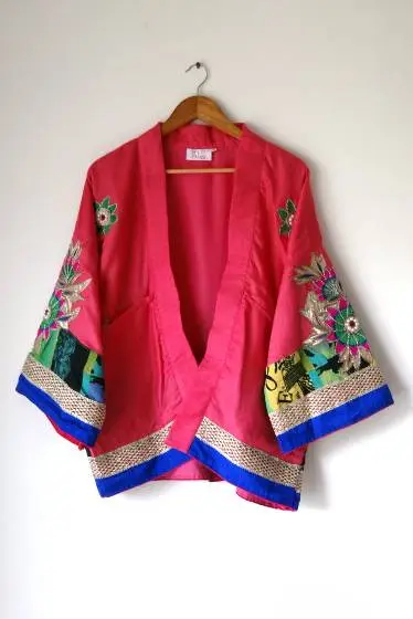 Yoru-kimono | Crafted from pre-loved saree | Women's Pink Kimono Jacket | Size-L