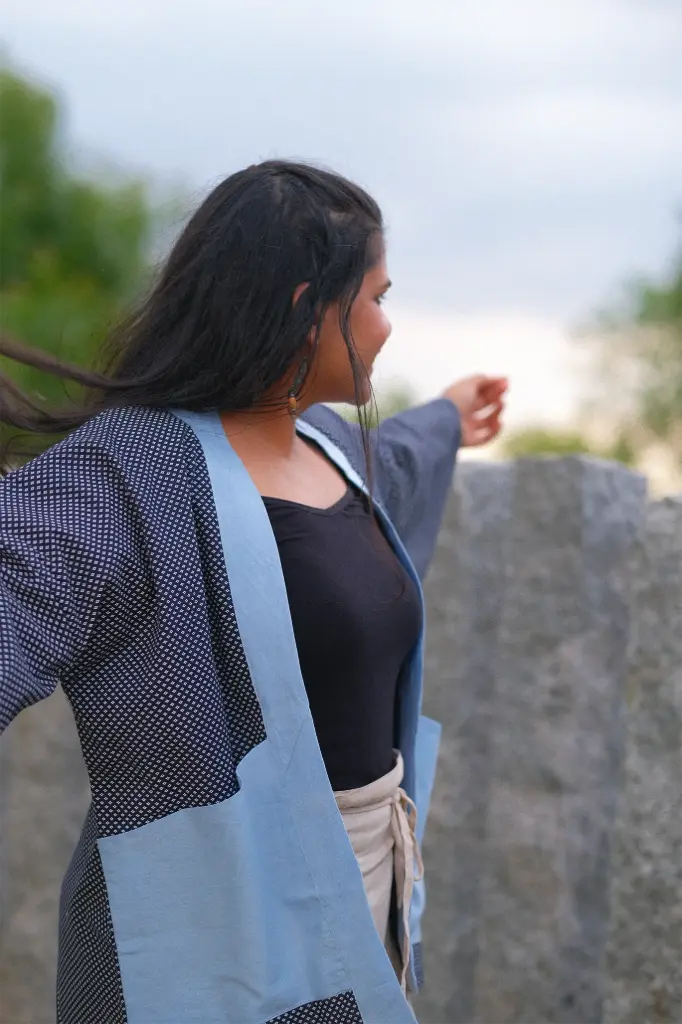 Yoru-kimono | Crafted from Upcycled Cotton Fabric | Unisex Blue Kimono Jacket | Size-M