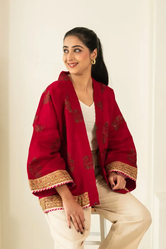 Yoru-kimono | Crafted from pre-loved saree | Women's Red Kimono Jacket | Size-L
