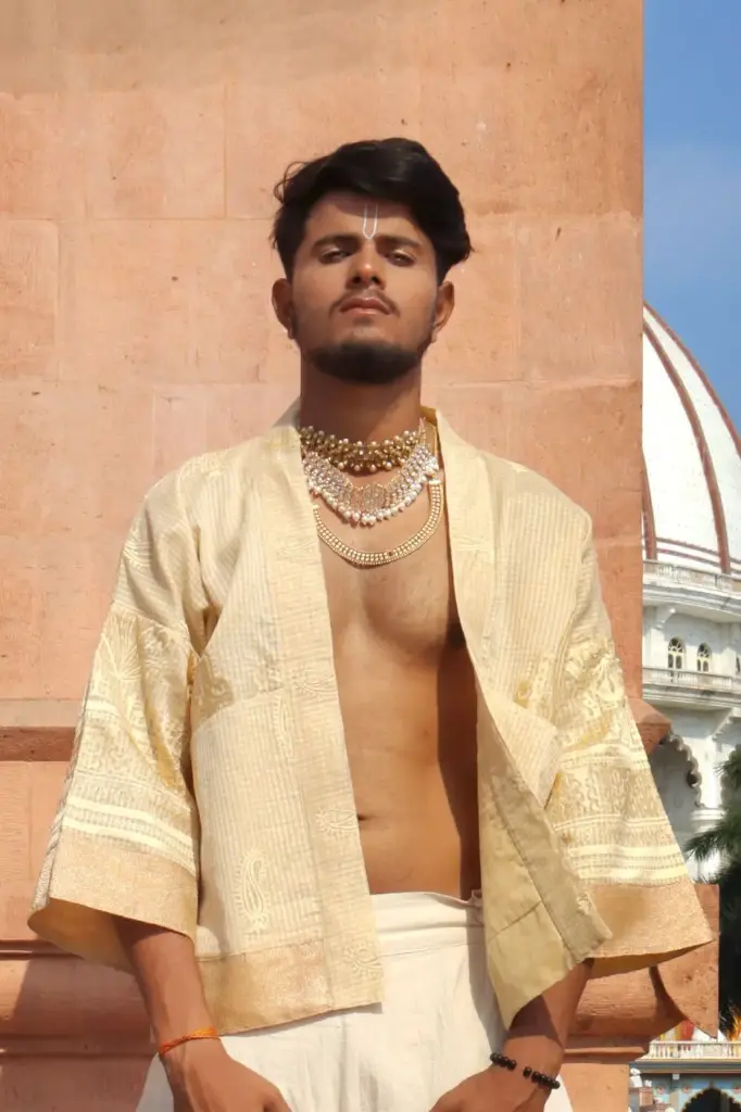 Yoru-kimono | Crafted from pre-loved handwoven saree | Unisex Cream-golden Kimono Jacket | Size-XL