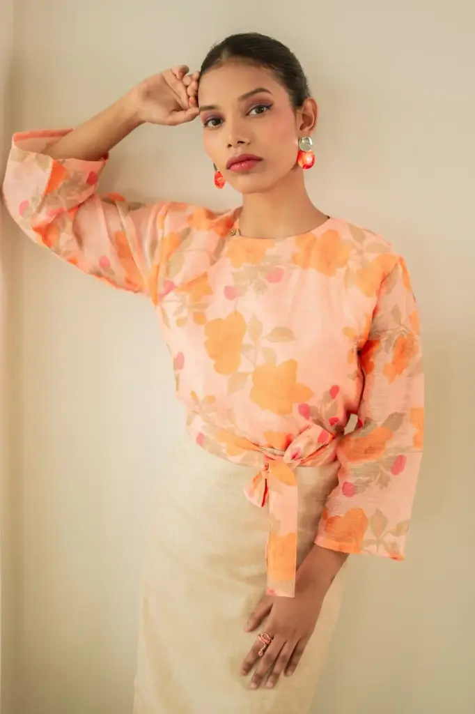 Cross-Over Top | Cotton-Silk Women's Orange Floral Print Top | Size-S