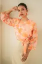 Cross-Over Top | Cotton-Silk Women's Orange Floral Print Top | Size-S