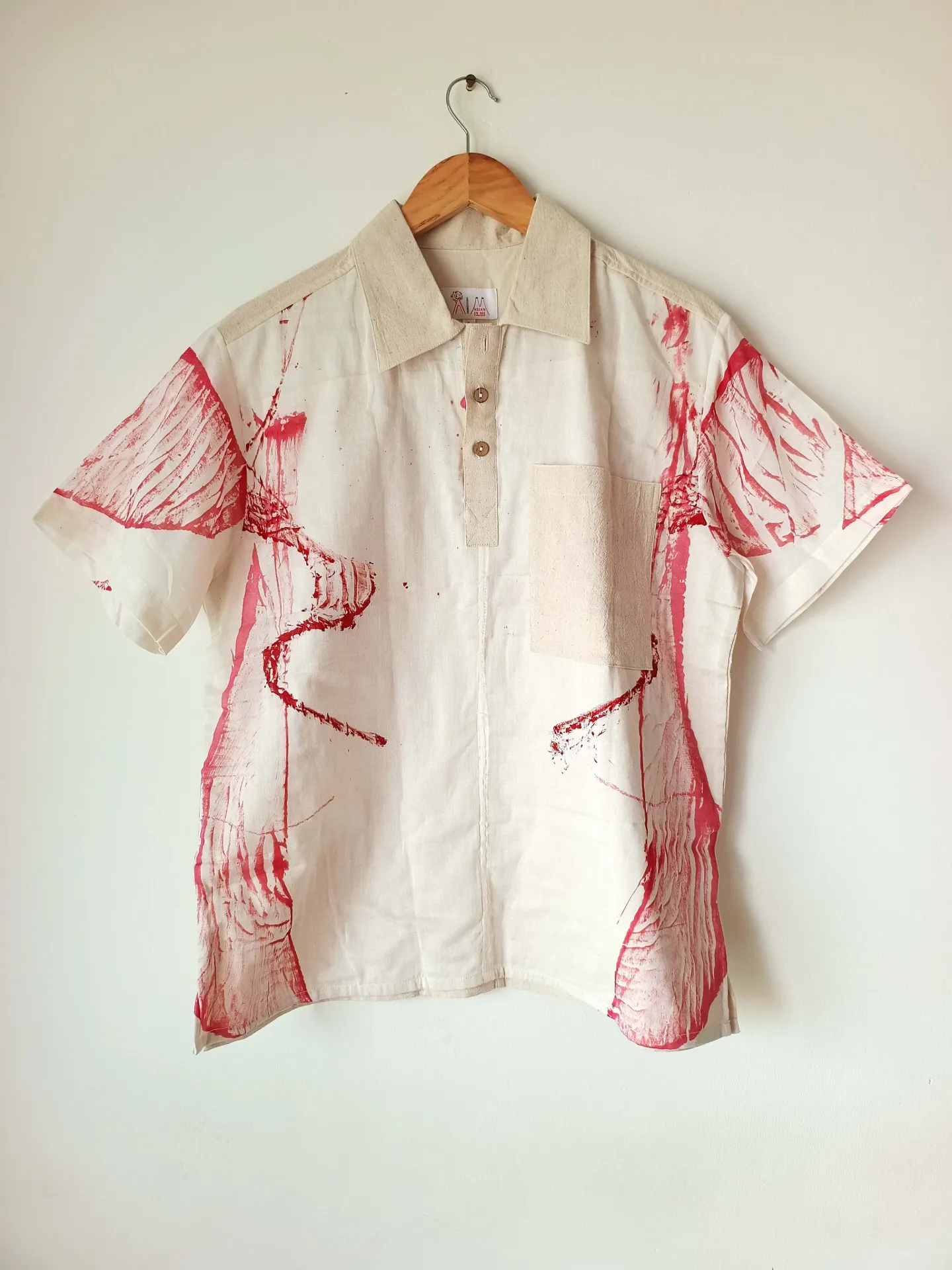 Hand-painted Polo Shirt, Patchwork design, Kala cotton fabric, Size - L