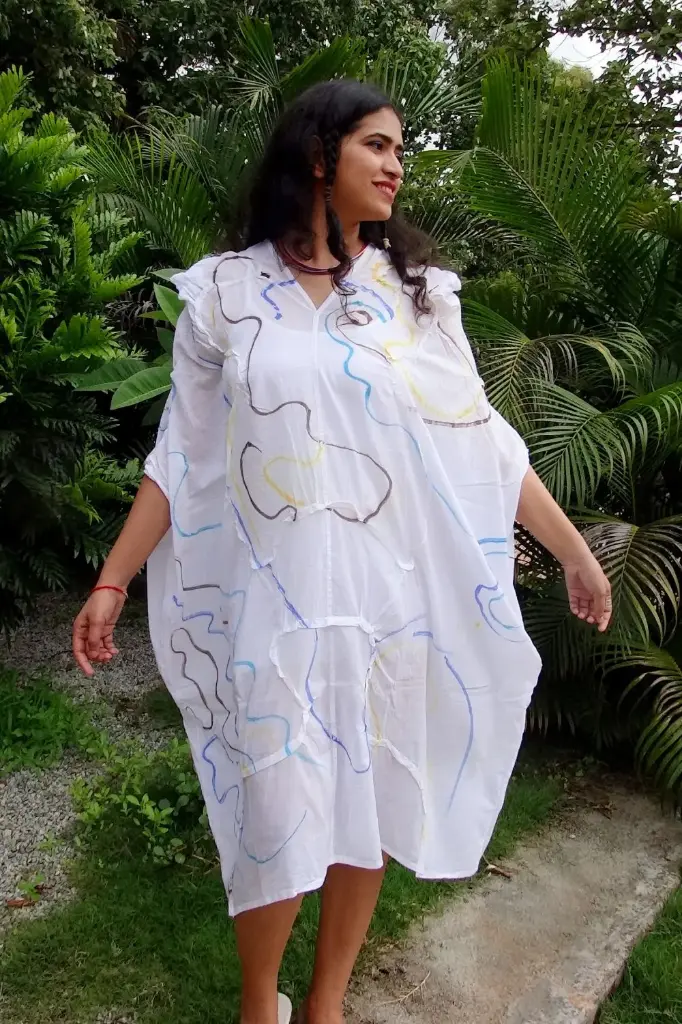 DC Path To Infinity Dress | Cotton Women's White Hand-Painted & Anti-Fit Dress | Zero-Waste Design | Free-size